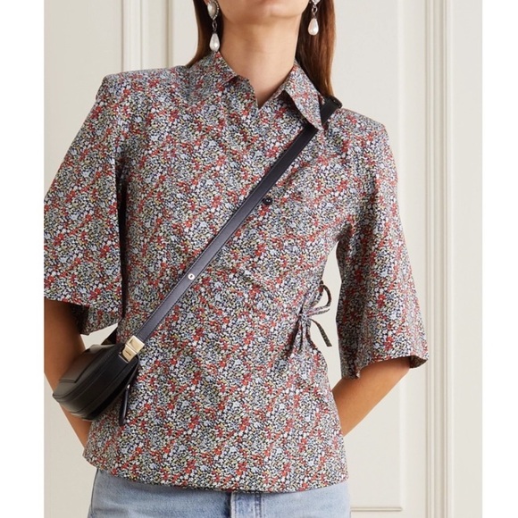Ganni floral blouse poplin organic cotton wrap top women’s size 34 / US 2 - Picture 1 of 12